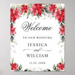Elegant Red Poinsettia Eucalyptus Wedding Welcome Poster