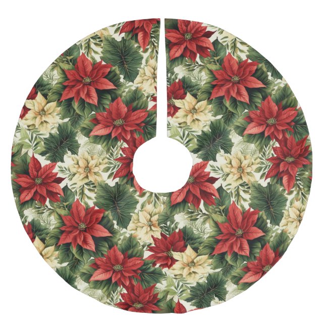 Elegant Red Poinsettia Floral Christmas Holiday Brushed Polyester Tree Skirt (Front)