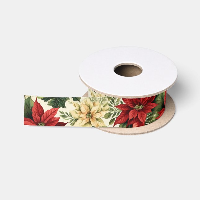Elegant Red Poinsettia Floral Christmas Holiday Satin Ribbon (Spool)