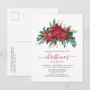 Elegant Red Poinsettia Floral Christmas Party Invitation Postcard