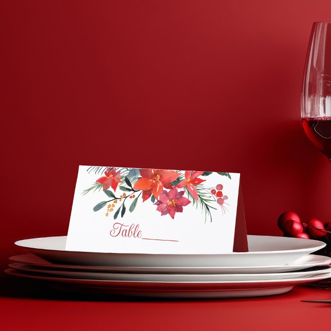 Elegant Red Poinsettia Floral Christmas Wedding Place Card (Creator Uploaded)