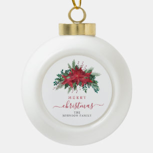 Elegant Red Poinsettia Floral Merry Christmas  Ceramic Ball Christmas Ornament
