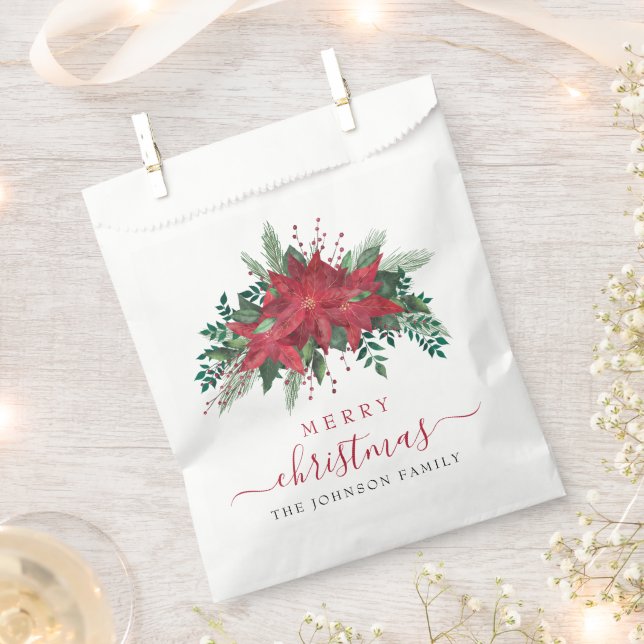 Elegant Red Poinsettia Floral Script Christmas  Favour Bag (Clipped)