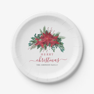Elegant Red Poinsettia Floral Script Christmas  Paper Plate