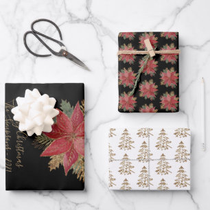 Elegant Red Poinsettia Flower Gold Christmas Trees Wrapping Paper Sheet