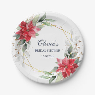 Elegant Red Poinsettia Greenery BRIDAL SHOWER Paper Plate