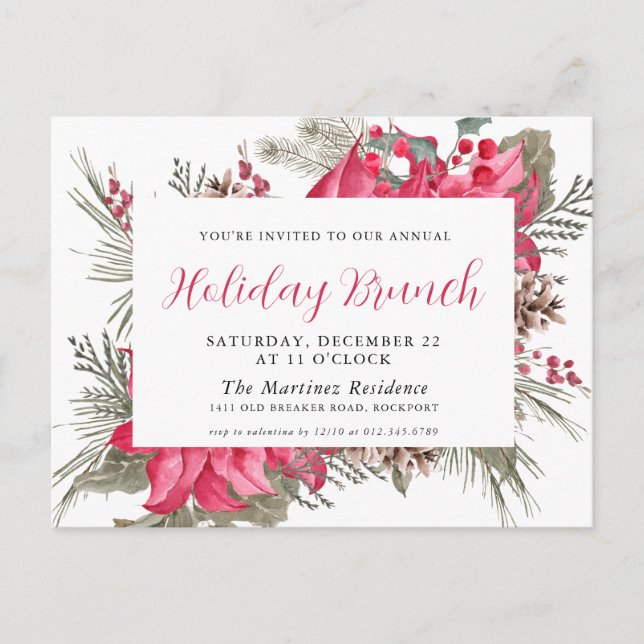 Elegant Red Poinsettia Holiday Brunch Invitation P Postcard (Front)