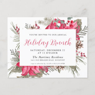Elegant Red Poinsettia Holiday Brunch Invitation Postcard