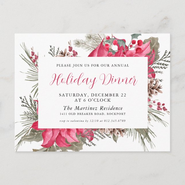 Elegant Red Poinsettia Holiday Dinner Invitation Postcard (Front)