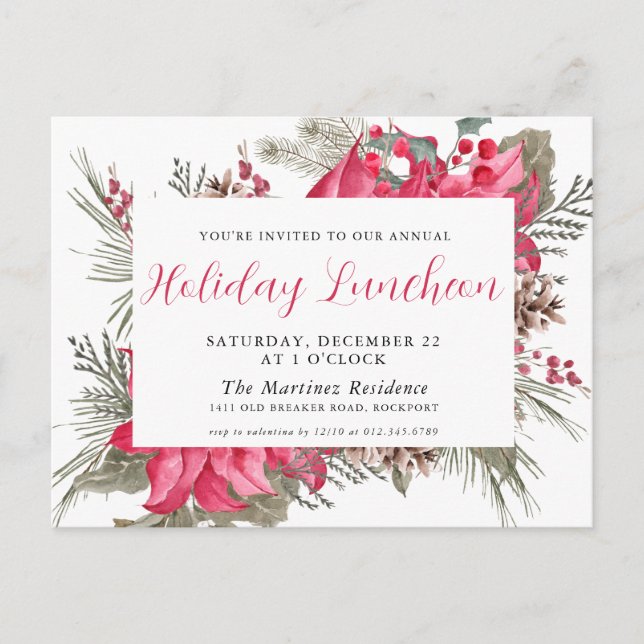 Elegant Red Poinsettia Holiday Luncheon Invitation Postcard (Front)
