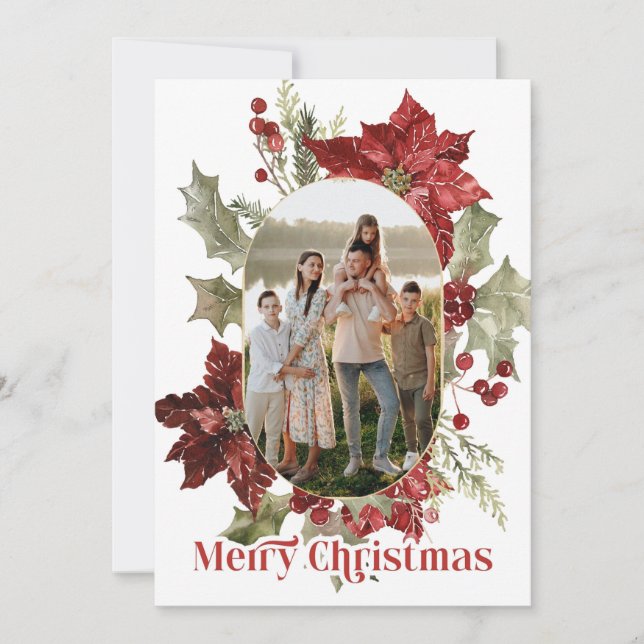 Elegant Red Poinsettia Holiday Photo Card (Front)