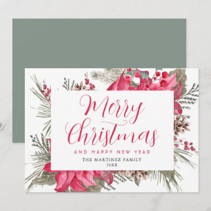 Elegant Red Poinsettia Holly Christmas Holiday Card