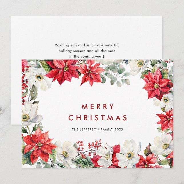 Elegant Red Poinsettia Merry Christmas Greeting Holiday Card (Front/Back)