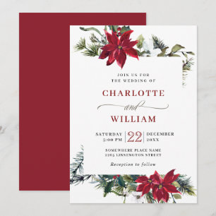 Elegant Red Poinsettia Pine Fir Watercolor Wedding Invitation