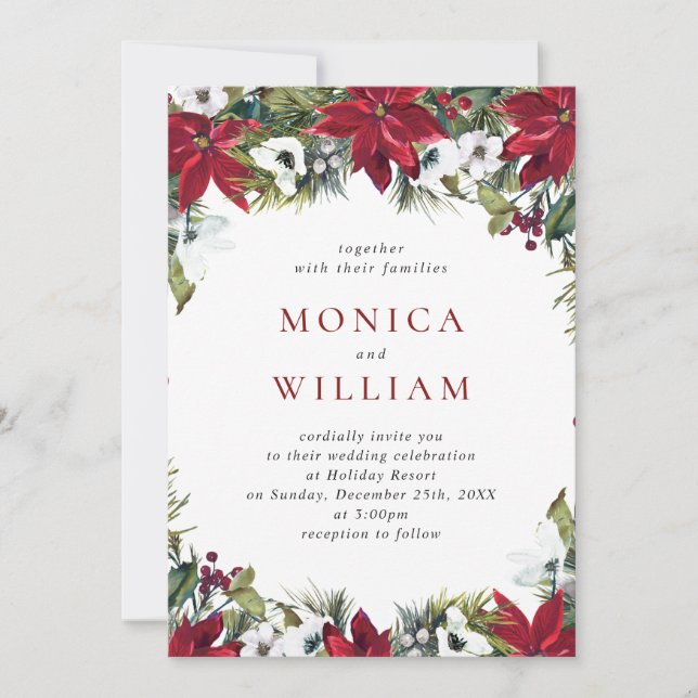 Elegant Red Poinsettia Pine Fir Watercolor Wedding Invitation (Front)