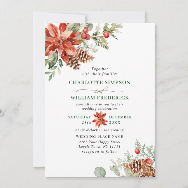Elegant Red Poinsettia Pine Fir Watercolor Wedding Invitation (Front)