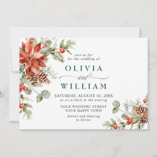 Elegant Red Poinsettia Pine Fir Watercolor Wedding Invitation