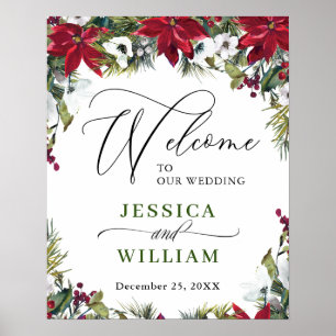 Elegant Red Poinsettia Pine Fur Wedding Welcome Poster