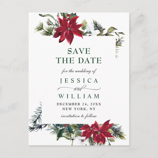 Elegant Red Poinsettia Pine Wedding Save the Date Postcard (Front)