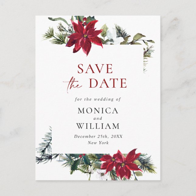Elegant Red Poinsettia Pine Wedding Save the Date Postcard (Front)