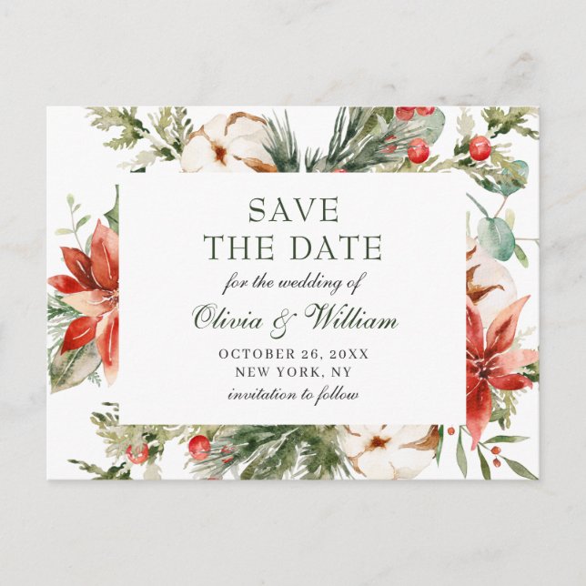 Elegant Red Poinsettia Pine Wedding Save the Date Postcard (Front)