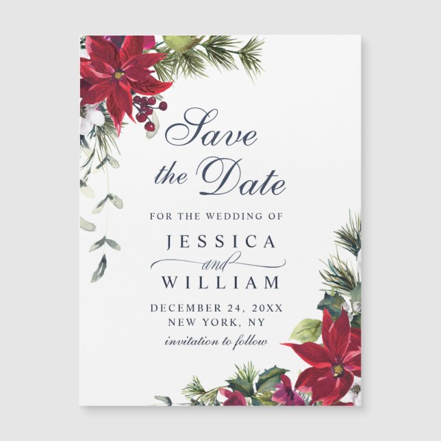 Elegant Red Poinsettia Save the Date Magnetic Card (Front)