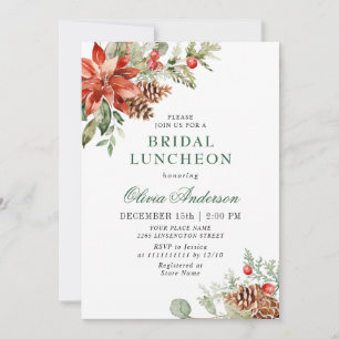 Elegant Red Poinsettia Watercolor Bridal LUNCHEON Invitation