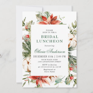 Elegant Red Poinsettia Watercolor Bridal LUNCHEON Invitation