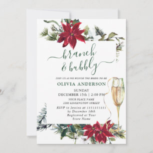 Elegant Red Poinsettia Watercolor Brunch & Bubbly Invitation
