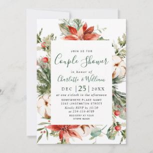 Elegant Red Poinsettia Watercolor COUPLE SHOWER Invitation