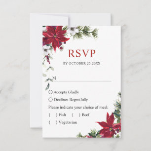 Elegant Red Poinsettia Watercolor Pine Fur Wedding RSVP Card