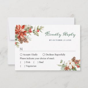 Elegant Red Poinsettia Watercolor Pine Fur Wedding RSVP Card