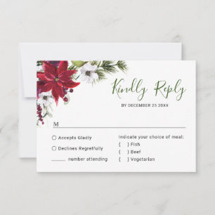 Elegant Red Poinsettia Watercolor Pine Fur Wedding RSVP Card