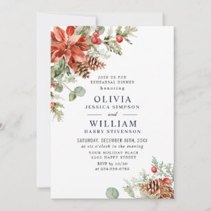Elegant Red Poinsettia Watercolor REHEARSAL DINNER Invitation