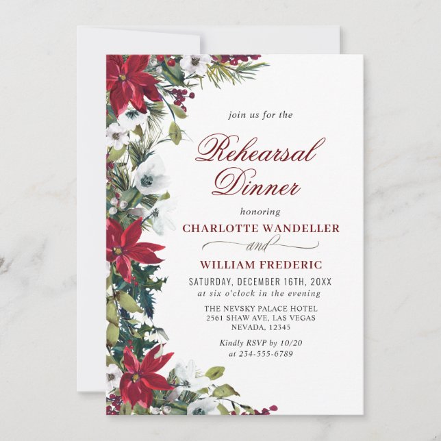 Elegant Red Poinsettia Watercolor REHEARSAL DINNER Invitation (Front)
