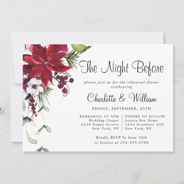 Elegant Red Poinsettia Watercolor REHEARSAL DINNER Invitation (Front)