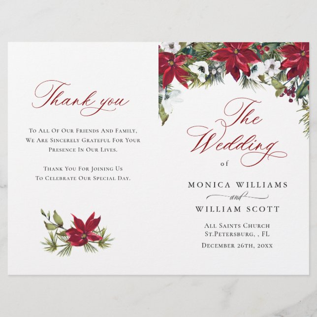 Elegant Red Poinsettia Wedding Ceremony Program (Front)
