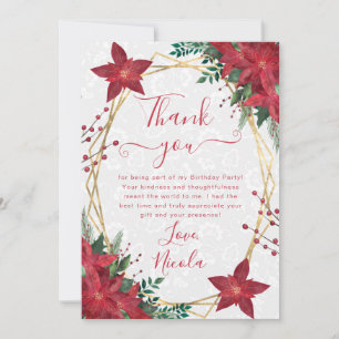 Elegant Red Poinsettia Winter Birthday Thank You Card