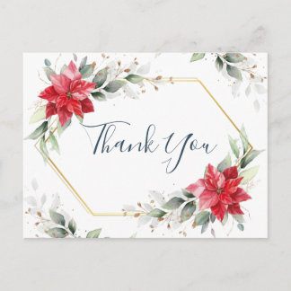Elegant Red Poinsettia Winter Greenery Thank You Postcard