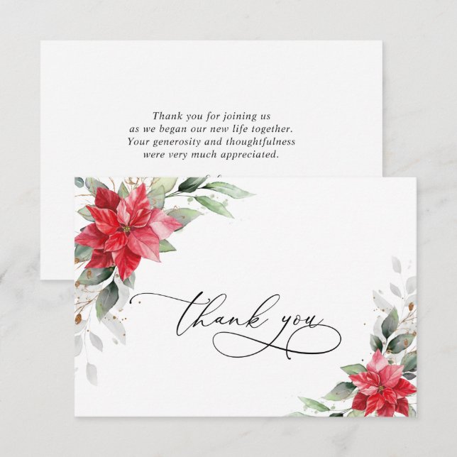 Elegant Red Poinsettia Winter Greenery Watercolor Thank You Card (Front/Back)