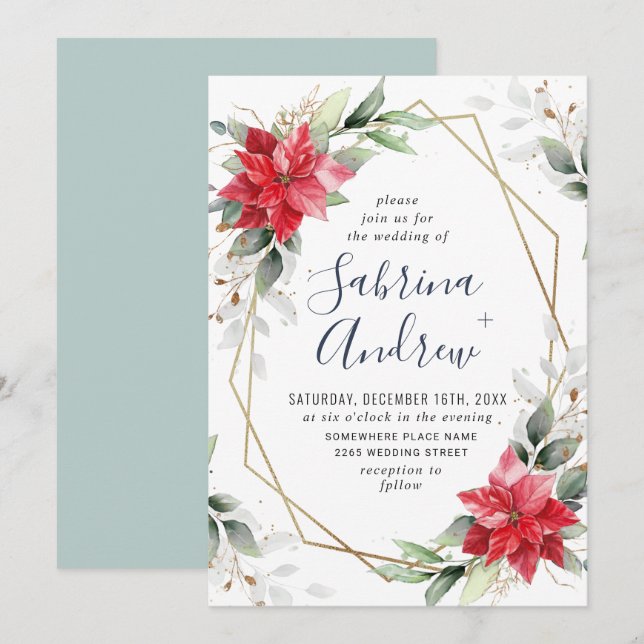 Elegant Red Poinsettia Winter Greenery Wedding Invitation (Front/Back)