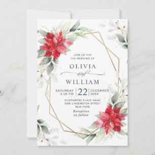 Elegant Red Poinsettia Winter Greenery Wedding Invitation