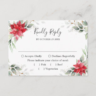 Elegant Red Poinsettia Winter Greenery Wedding RSVP Card