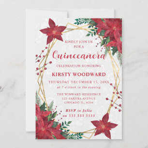 Elegant Red Poinsettia Winter Quinceanera Invitation