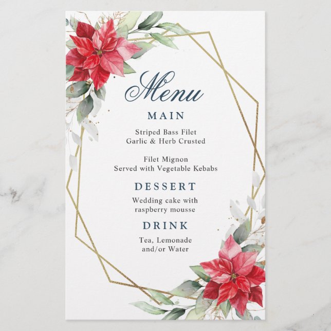 Elegant Red Poinsettia Winter Wedding Dinner Menu (Front)