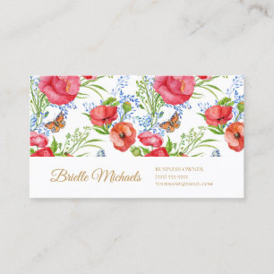 Elegant Red Poppies and Butterflies and Gold Scrip Business Card