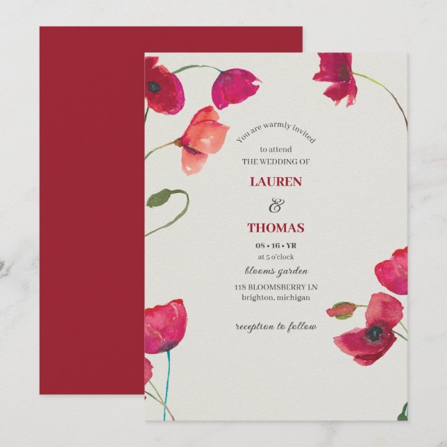 Elegant Red Poppies Floral Wedding Invitation (Front/Back)