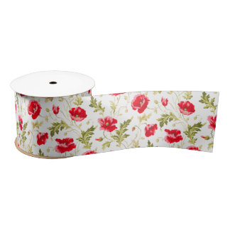 Elegant Red Poppies & Green Leaves Floral Pattern Satin Ribbon