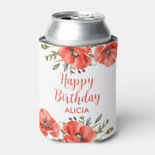 Elegant Red Poppy Greenery Fifty Birthday Can Cooler