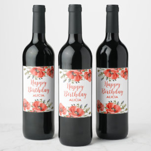 Elegant Red Poppy Greenery Fifty Birthday  Wine Label